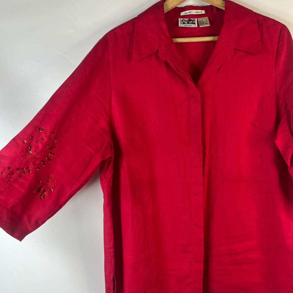 Edward Woman Linen Tunic Women 1X Red Sequin Embroidered Irish Linen Top - Picture 3 of 8